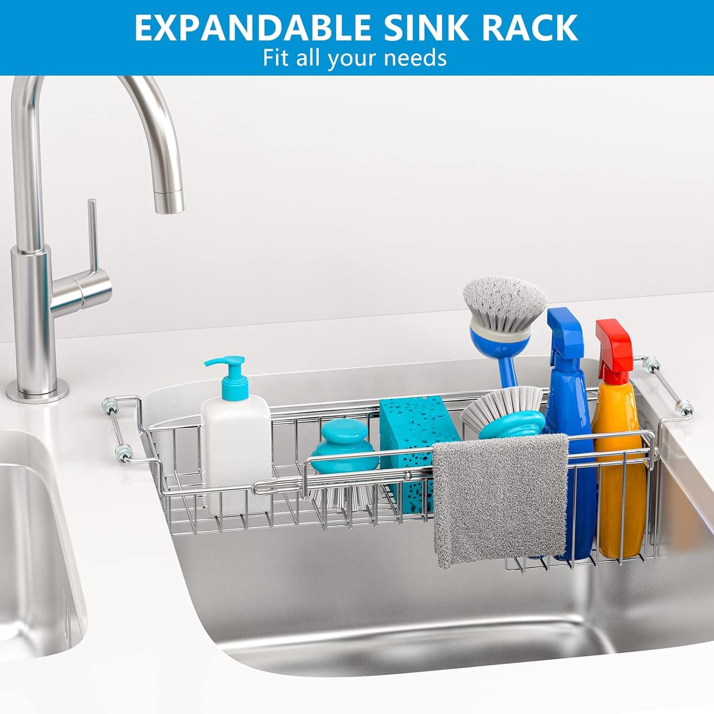 Dish Stands, Over The Kitchen Sink Caddy Sponge Holder Organizer Drying Rack Expandable for Sponge Brush Soap Dish Cloth Rag Smaller 12.25" to 17.25", Stainless Steel