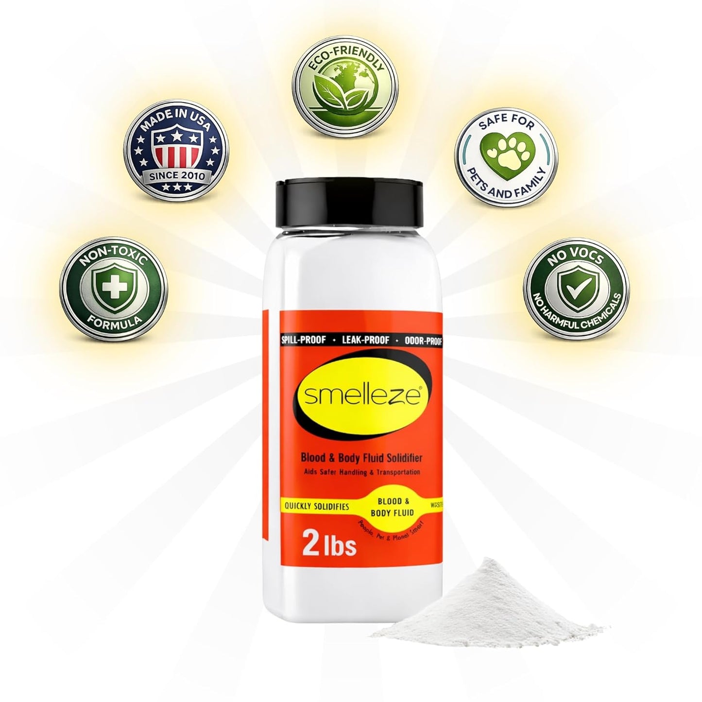 SMELLEZE Vomit Clean Up Powder & Blood Body Fluid Super Absorbent Solidifier Deodorizer: 2 lb. Instantly Absorb & Solidify Urine, Blood & Bio Waste for Medical, Tattoo & Pet Mess Cleanup