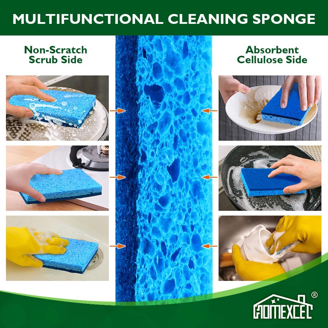 HOMEXCEL Sponges Kitchen 12pcs, Non-Scratch Scrub Dish Sponge Safe on Non-Stick Cookware, Dual Sided Cleaning Sponges for Kitchen, Household, Bathroom and More