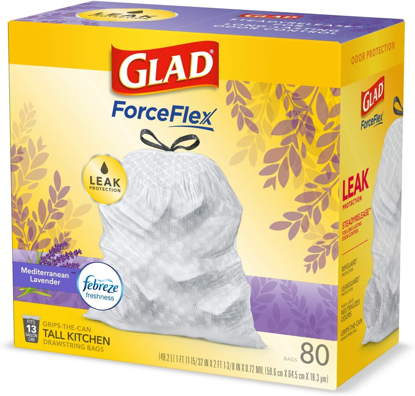 Glad ForceFlex Tall Kitchen Trash Bags, 13 Gal, Gain Lavender with Febreze, 110 Ct (Pack May Vary)