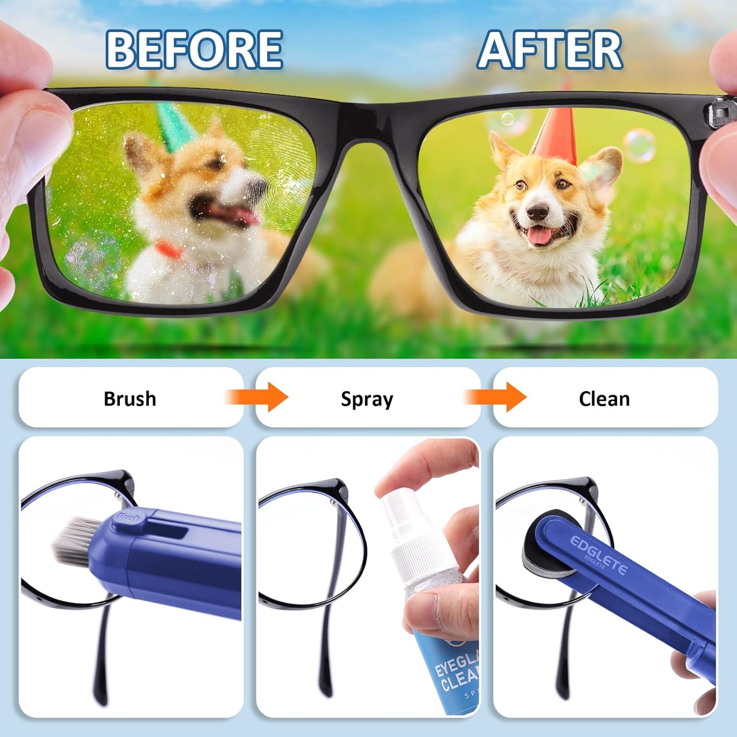 Glasses Cleaner Eyeglass Cleaning Kit, Lens Cleaners Spray with Microfiber Cloth, Portable Glasses Cleaning Kit for Travel, Safe Eyeglasses Cleaner Tool, No Streaks Scratch, Black