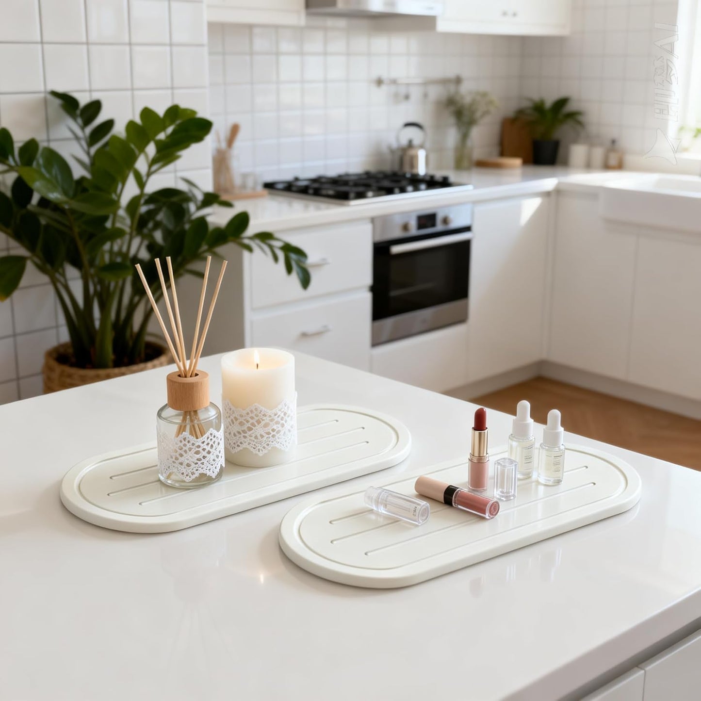 2PCS Water Absorbing Stone Drying Tray Mat for Bathroom Sink & Kitchen Counter Faucet Organizer, Quick Dry Dish Rack Soap Dispenser Sponge Holder, Vanity Sink Caddy Bar Coaster, Ivory White 8“x 4”
