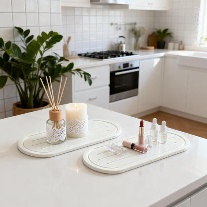 2PCS Water Absorbing Stone Drying Tray Mat for Bathroom Sink & Kitchen Counter Faucet Organizer, Quick Dry Dish Rack Soap Dispenser Sponge Holder, Vanity Sink Caddy Bar Coaster, Ivory White 8“x 4”