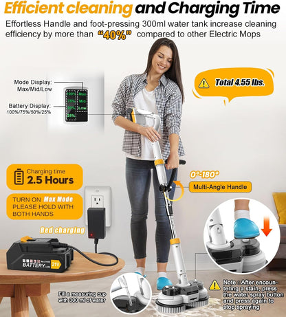 qimedo 800RPM Cordless Electric Mop, 6000mAh Battery Electric Power Scrubber & Mops for Floor Cleaning, Best Automatic Spin Mops with Smart Display,Rotating Mop with LED Light & Water Spray