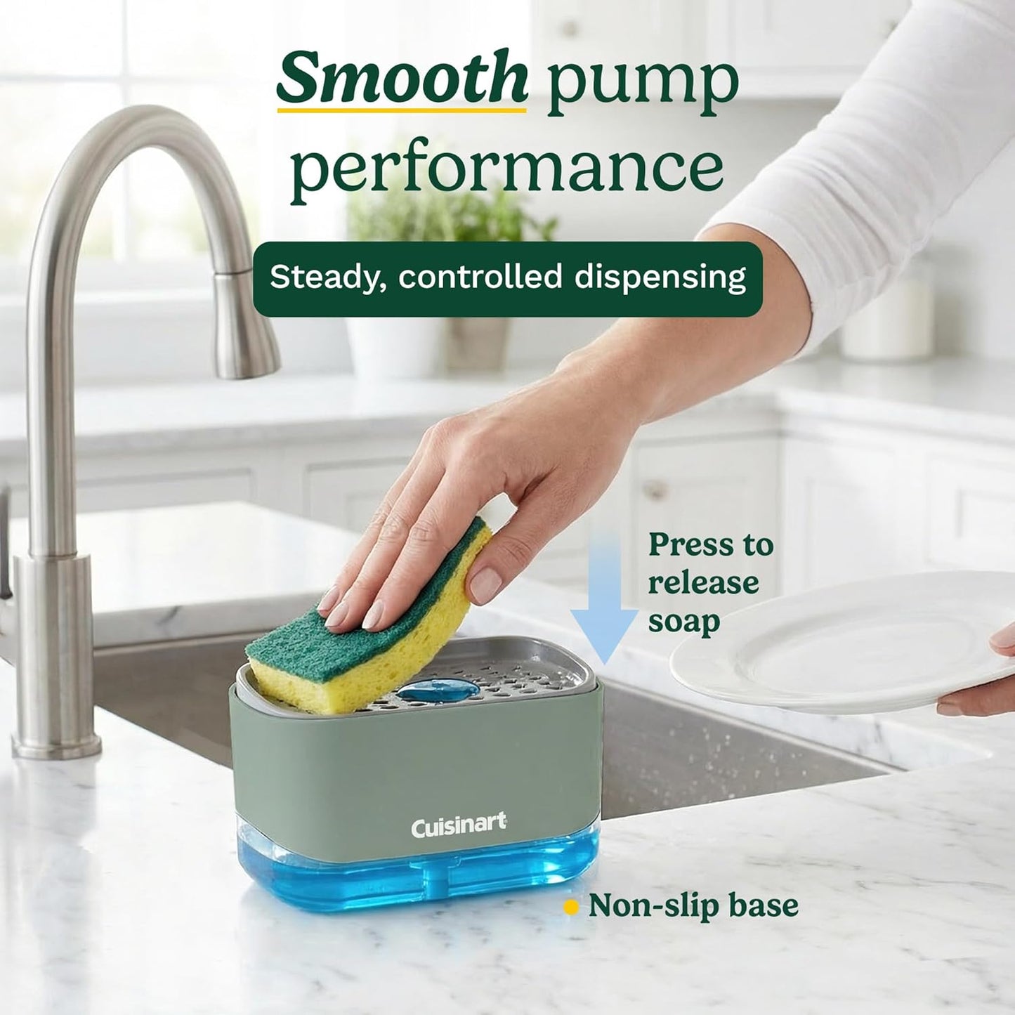 Cuisinart 2-in-1 Dish Soap Dispenser with Sponge Holder and Sponge for Kitchen Sink – Soap Pump Organizer Set with Tray, Countertop Caddy for Dishes, Dishwashing Liquid Dispenser, Sink Essentials