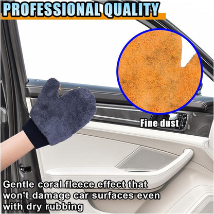 2PCS Coral Fleece Car Wash Mitts, No Scratch Microfiber Wash Mitt Car Cleaning Glove, Reusable Dusting Mitt with Elastic Wrist Cuff for Car Washing and Detailing (Palm Glove)