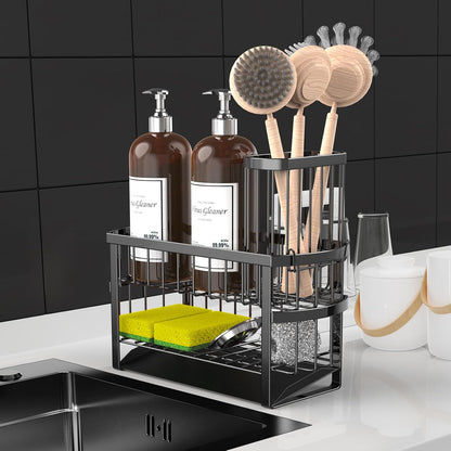 Kitchen Sink Organizer Caddy, 2 Tier Sink Caddy Organizer with High Brush Holder, Rust-Proof Countertop Rack (Black 10.6 * 4.3 * 5.7") for Kitchen Accessories & Dish Brushes
