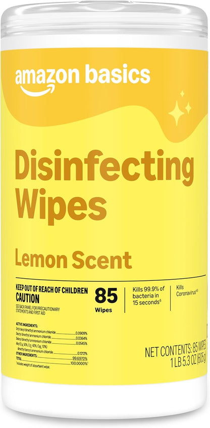 Amazon Basics Disinfecting Wipes, Lemon Scent, Thick All Purpose Cleaning Wipes, Sanitizes/Cleans/Disinfects/Deodorizes, 85 Count