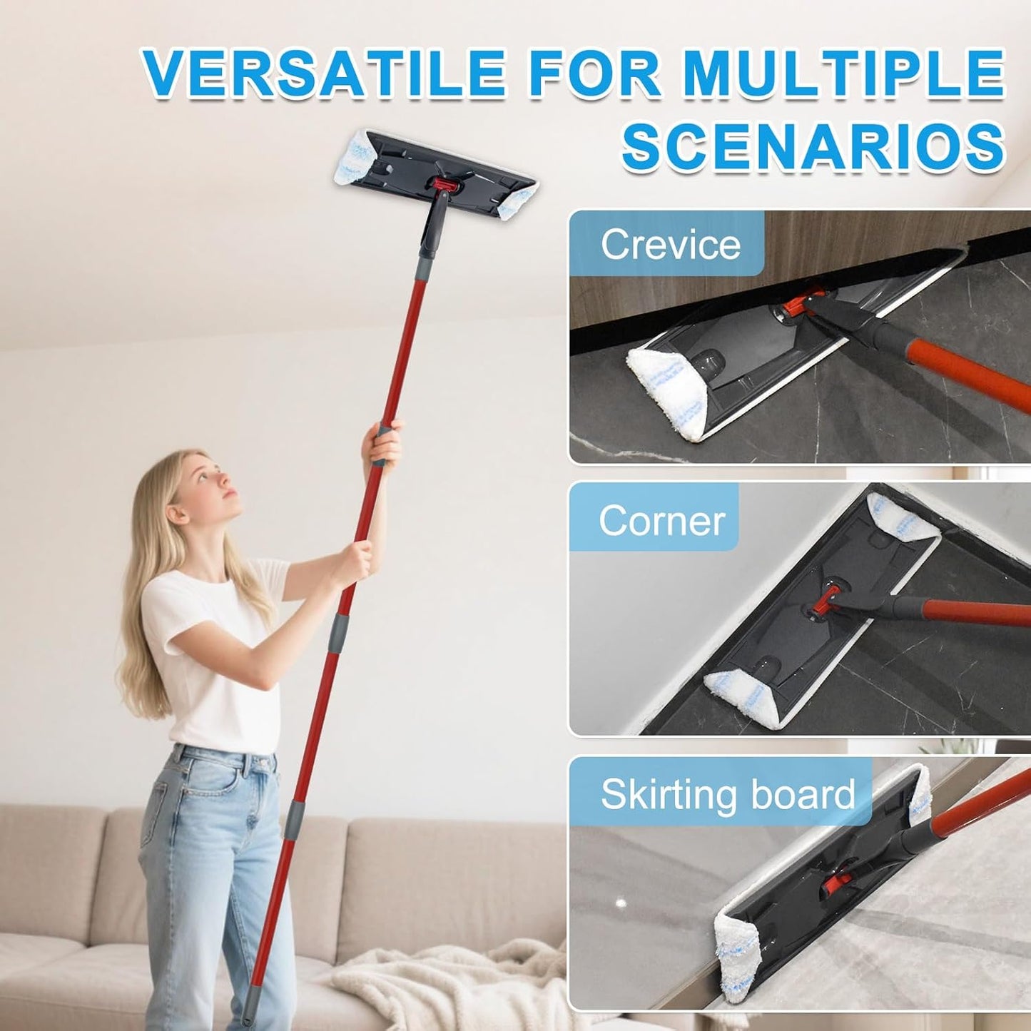 Mop Replacement Pads for Ocedar H2prO Flat Mop System, Mop Handle Mop Refills for O-Cedar H2pro Flat Mop System, Include 4 Pack Mop Pads and 4-Section Mop Handle for Ocedar H2 Pro Mop
