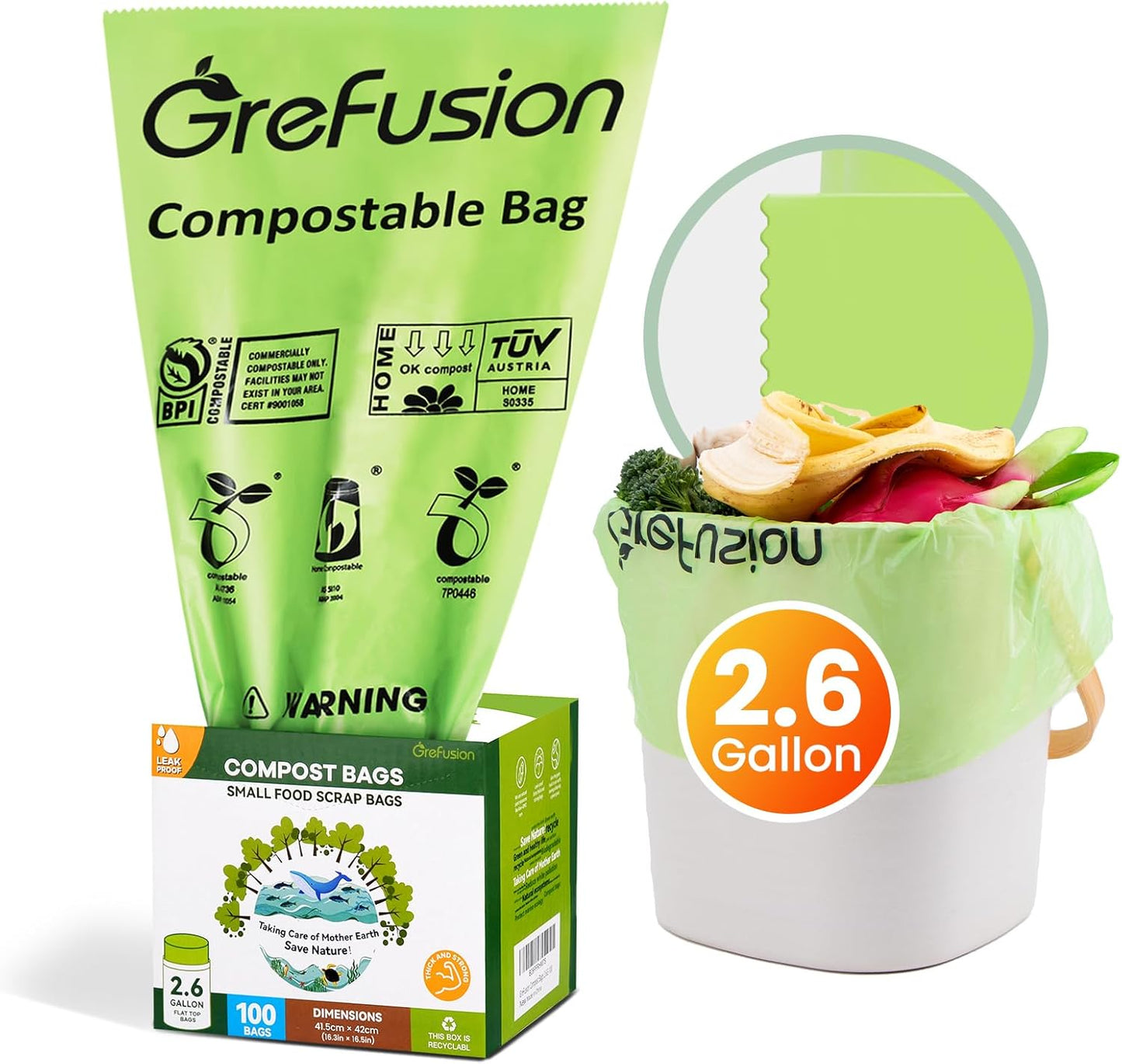 GreFusion Compostable Bags 1.2 Gallon,125 Count, Fits 0.75,1,1.2,1.3,1.6,1.8 Gallon Countertop Bin, Small compost bags, Certified by BPI, ASTM D6400 and OK Compost