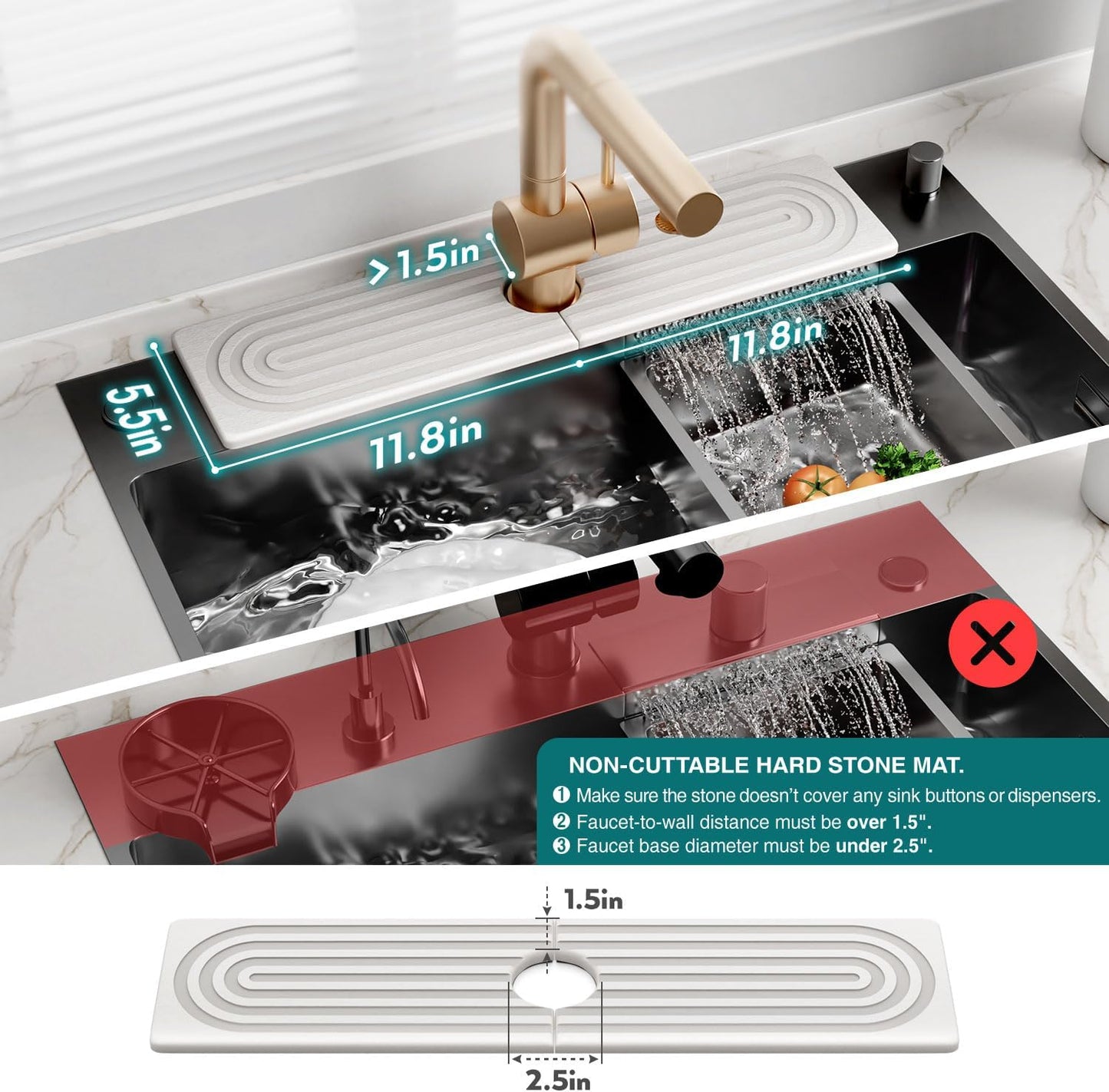 Eormoe Faucet Mat for Kitchen Sink – Diatomite Stone Drying Mat & Sink Protectors, Prevent Moisture – Sink Splash Guard Water-Absorbing Stone Tray for Bathroom Counter (Light Grey, 23.6" x 3.9")