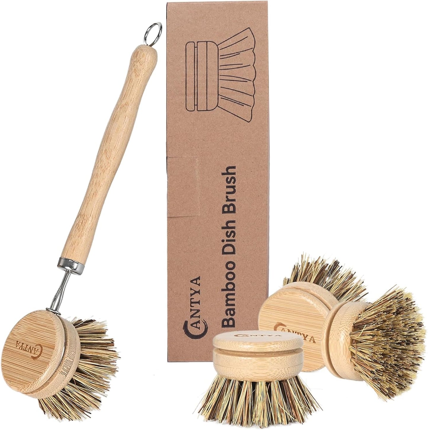 Bamboo Dish Brush with Handle - Soft Bristle, Non Toxic Dish Scrubber Compostable & Sustainable Bamboo Scrub Brush for Dishes, Pots and Pans