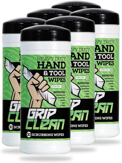 Grip Clean Heavy Duty Hand & Tool Cleaning Wipes – Waterless Hand Cleaner for Mechanics, Garage & Shop Use – Dual-Sided Grease, Oil & Paint Remover Wipes with Citrus Scent - 30ct