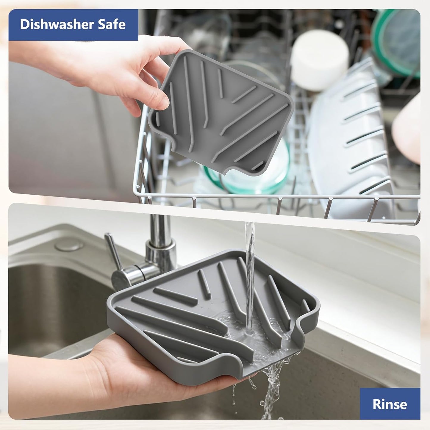 JACZZO Silicone Sponge Holder for Kitchen Sink With Drain Spout, Self Draining, Kitchen Soap Tray, Bathroom Organizer, Sink Caddy (Grey, 10×4)
