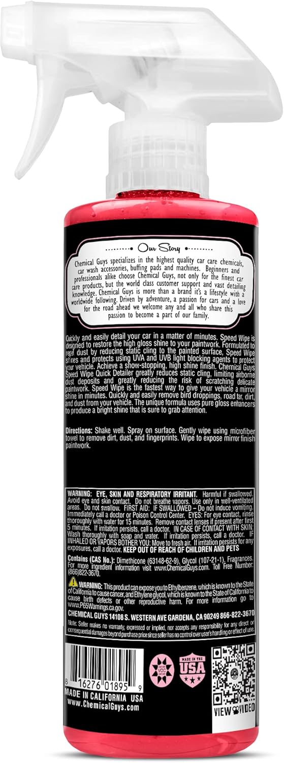Chemical Guys Speed Wipe Quick Detailer - High Gloss, Streak-Free Shine, Detail Spray for Cars, Trucks, Motorcycles, RVs, and More, Safe on Paint, Glass, Wheels, and Trim, Cherry Scent, 16 fl oz