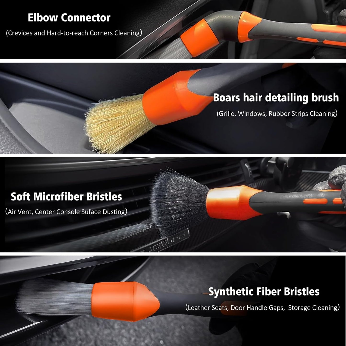 YeewayVeh 3pcs Car Detailing Brush Set, Boars Hair Detailing Brushes, Ultra Soft Detail Brush for Air Vent Leather Seat, Scratch Free Car Detailing Brushes for Interior Exterior, Orange