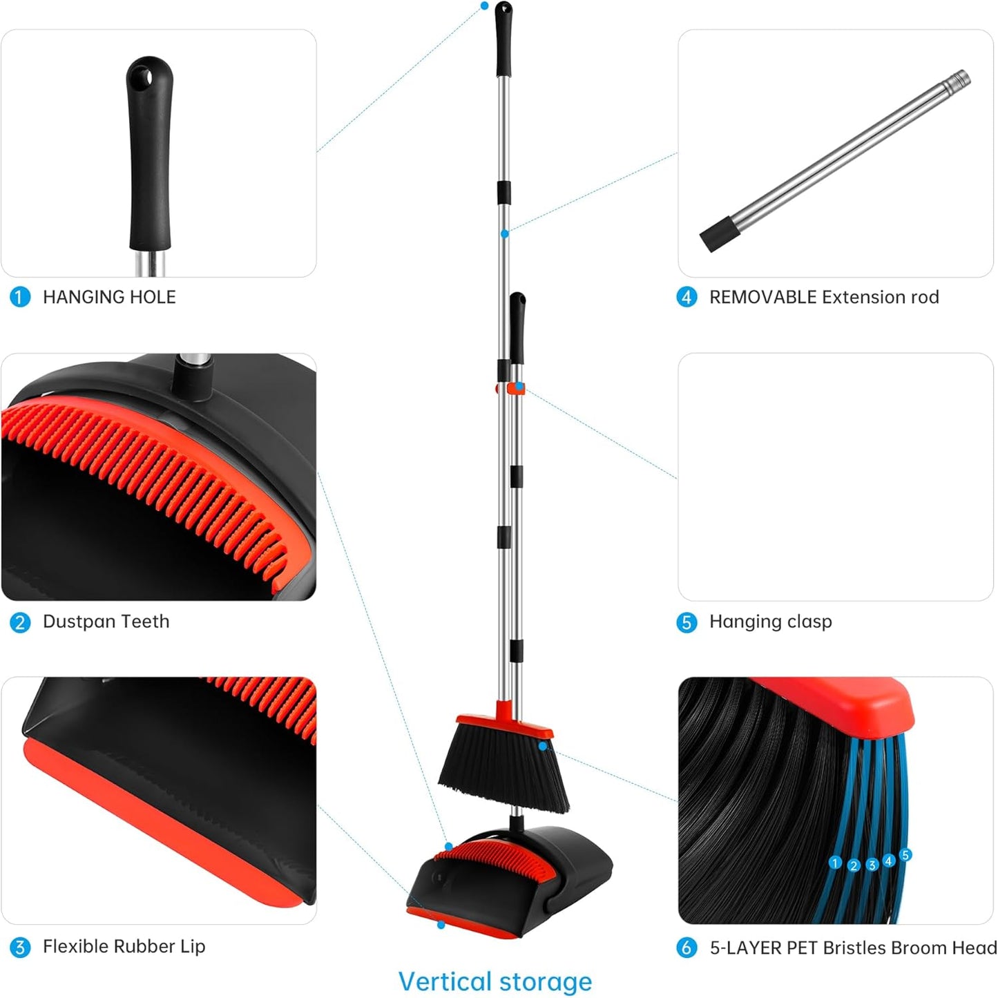 Broom with Dustpan Combo Set for Home 52-in Long Adjustable Handle Angle Broom and Dustpan Set with Dustpan Comb Teeth for Sweeping Pet Hair Food Dirt Kitchen (Black) (Black)