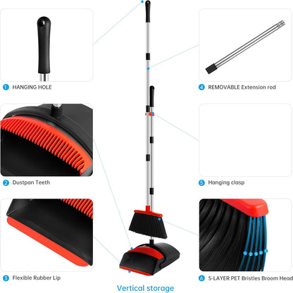 Broom with Dustpan Combo Set for Home 52-in Long Adjustable Handle Angle Broom and Dustpan Set with Dustpan Comb Teeth for Sweeping Pet Hair Food Dirt Kitchen (Black) (Black)