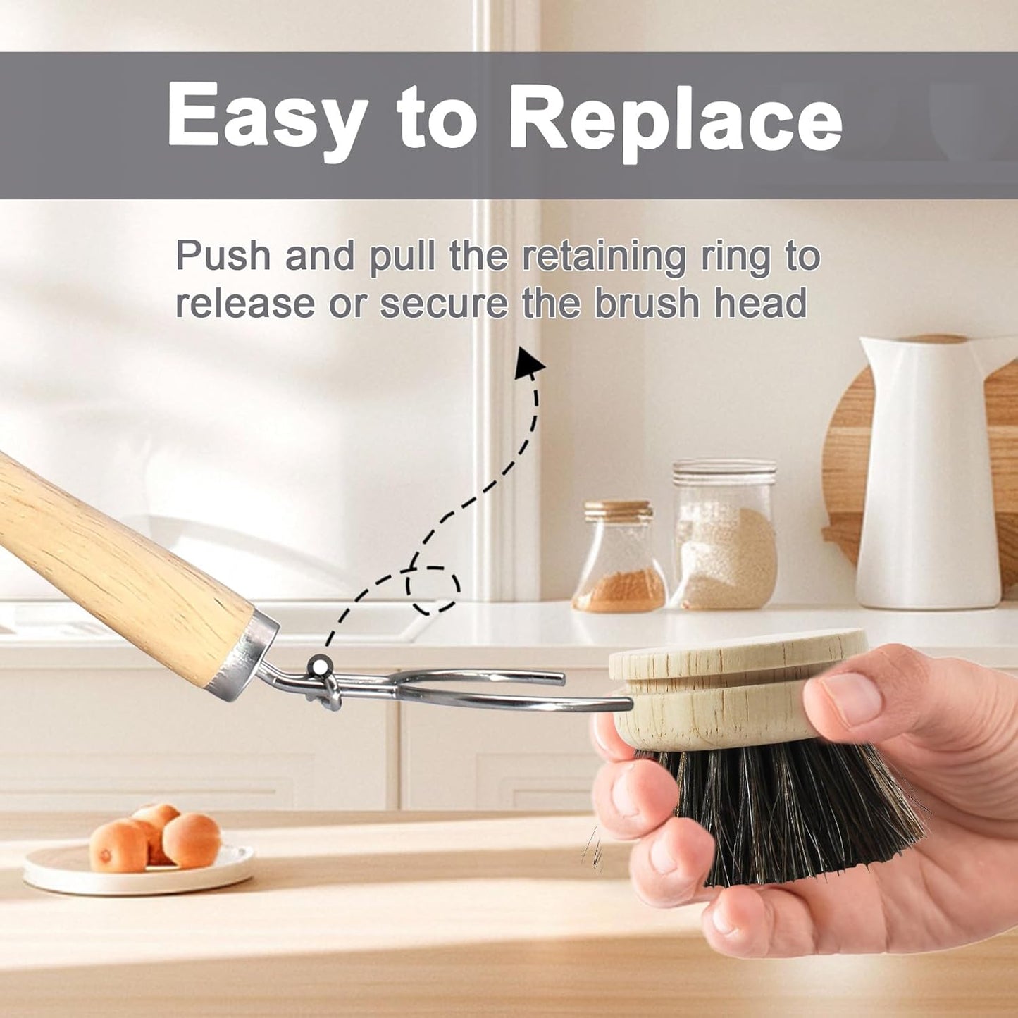 Wooden Dish Brush Set, 4 Natural Bristle Replacement Heads with 1 Sturdy Wooden Handle, Sisal Kitchen Scrub Brush for Pots, Pans, Vegetables and Cookware