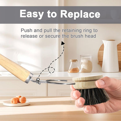 Wooden Dish Brush Set, 4 Natural Bristle Replacement Heads with 1 Sturdy Wooden Handle, Sisal Kitchen Scrub Brush for Pots, Pans, Vegetables and Cookware
