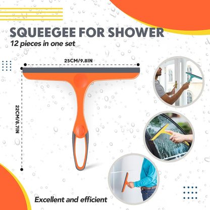 Dandat 12 Pcs Squeegee for Shower Glass Door 9.8'' Small Silicone Shower Squeegee for Doors Bulk with Hanging Hole for Bathroom Car Mirror Tile(Red, Blue, Green)