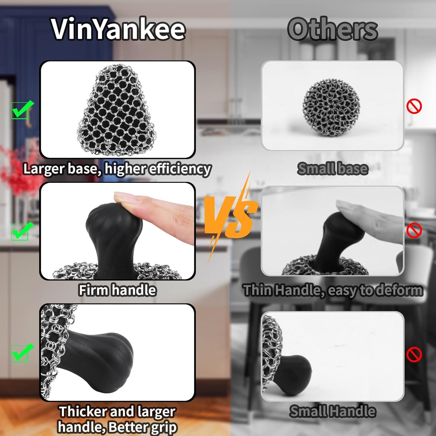 Cast Iron Scrubber with Pan Scraper, 316 Chainmail Scrubber, Upgraded Chain Mail Scrubber Sponge, Cast Iron Cleaner for Pan Skillet Wok Carbon Steel, Dutch Oven Metal Brush Cleaning Kit, Black