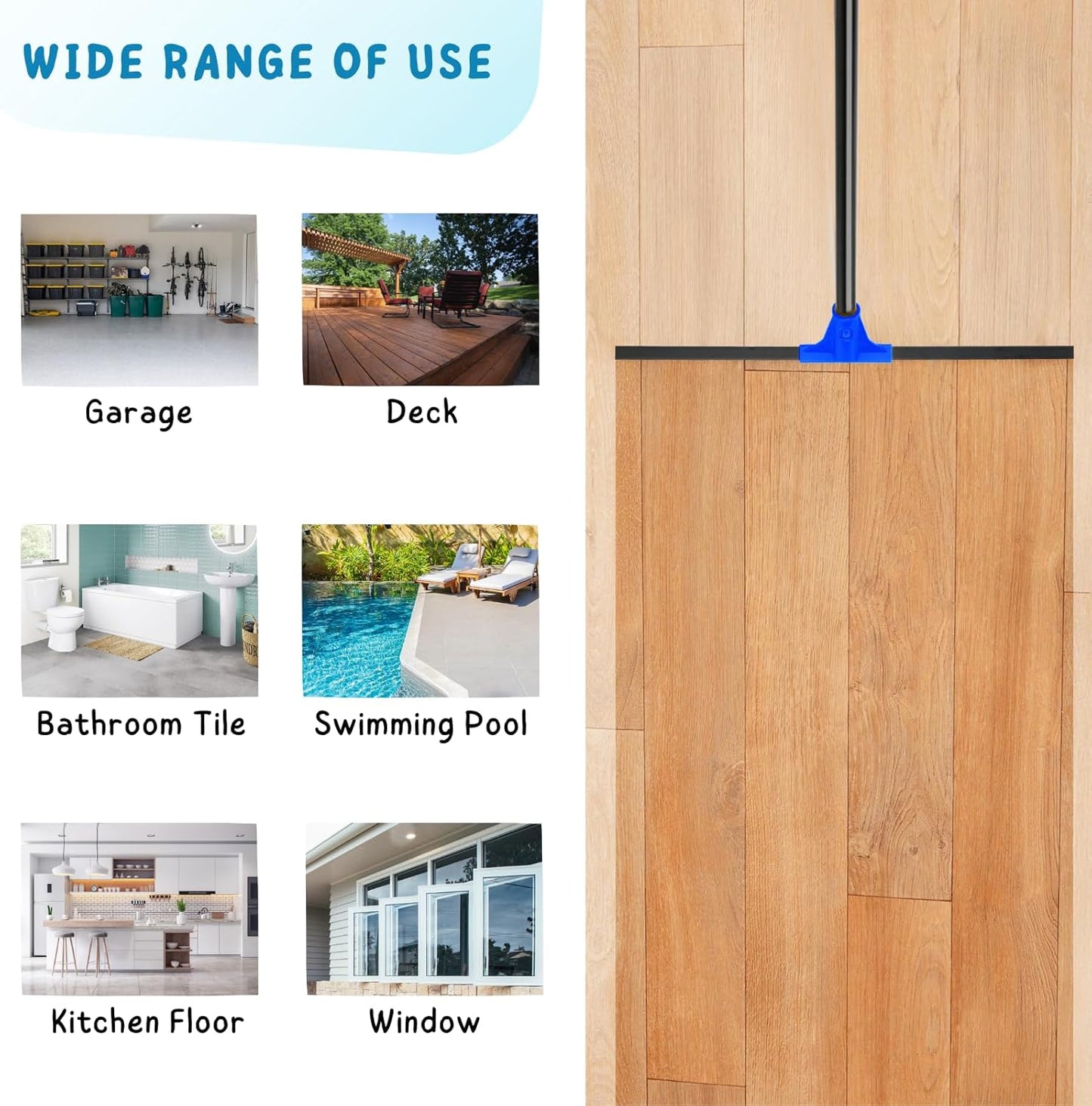 Squeegee Broom for Floor, 18'' Heavy Duty Rubber Wiper with 60'' Long Handle for Bathroom Tile, Garage Concrete, Deck, Shower Glass, Window Cleaning