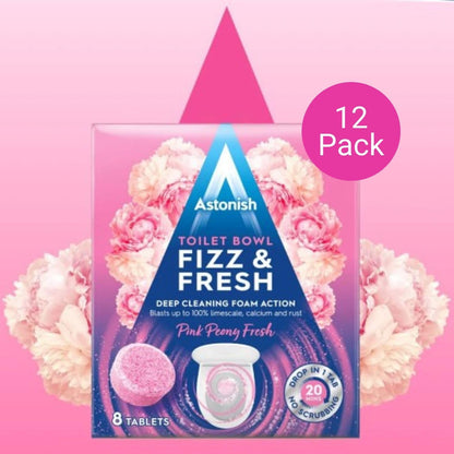 Astonish Foaming Pink Peony Toilet Bowl Cleaner - Deep Cleaning Limescale, Calcium & Rust - No Bottle, Removes Hard Stains - Box of 8 Tablets