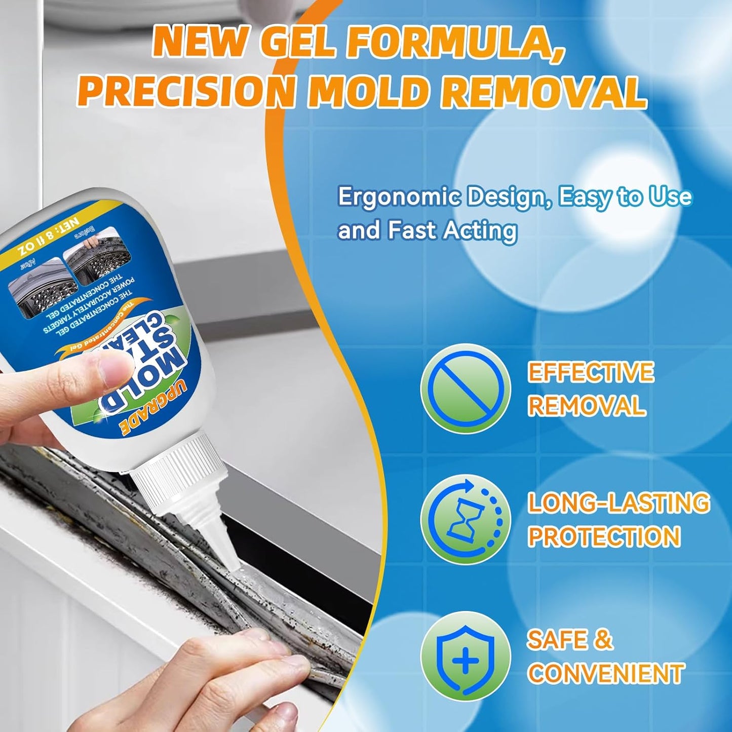 Mold Stain Cleaner Gel, 8 Fl oz Washing Machine Cleaner for Pools, Toilets, Doors and Windows, All-Purpose Household Remover Gel for Washing Machine Seal, Bathroom Grout, Shower Caulk, Tile, Sink