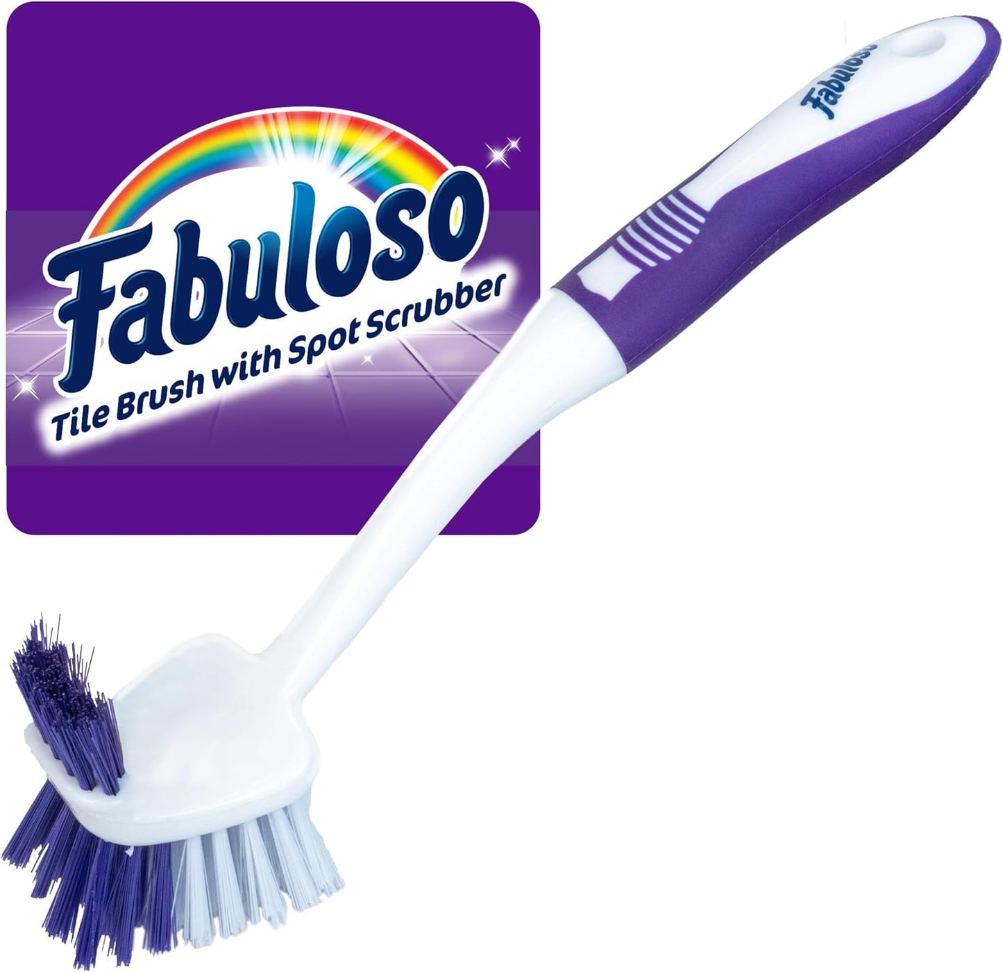 Fabuloso Cleaning Brush with Handle, Compact Handheld Household Scrub Brush for Kitchen, Bathroom, Baseboards, Tile and Floors, Firm Bristles for Indoor Surface Cleaning, White and Purple, 5.5 Inch