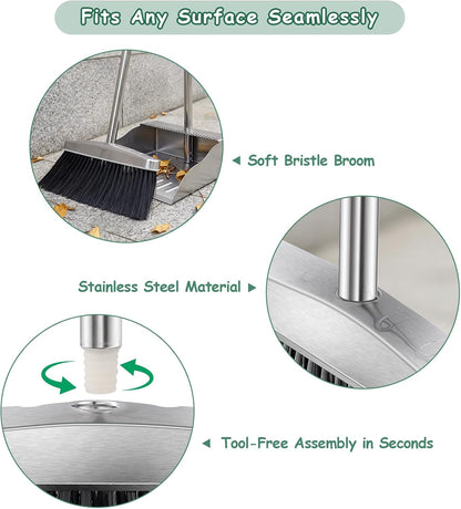Metal Broom with Dustpan Combo Set-Long Handle Broom with Dustpan,Heavy Duty Standing Dust Pan & Soft Bristles Brooms,Indoor Outdoor Dust Pan Brooms for Home Office Lobby Floor