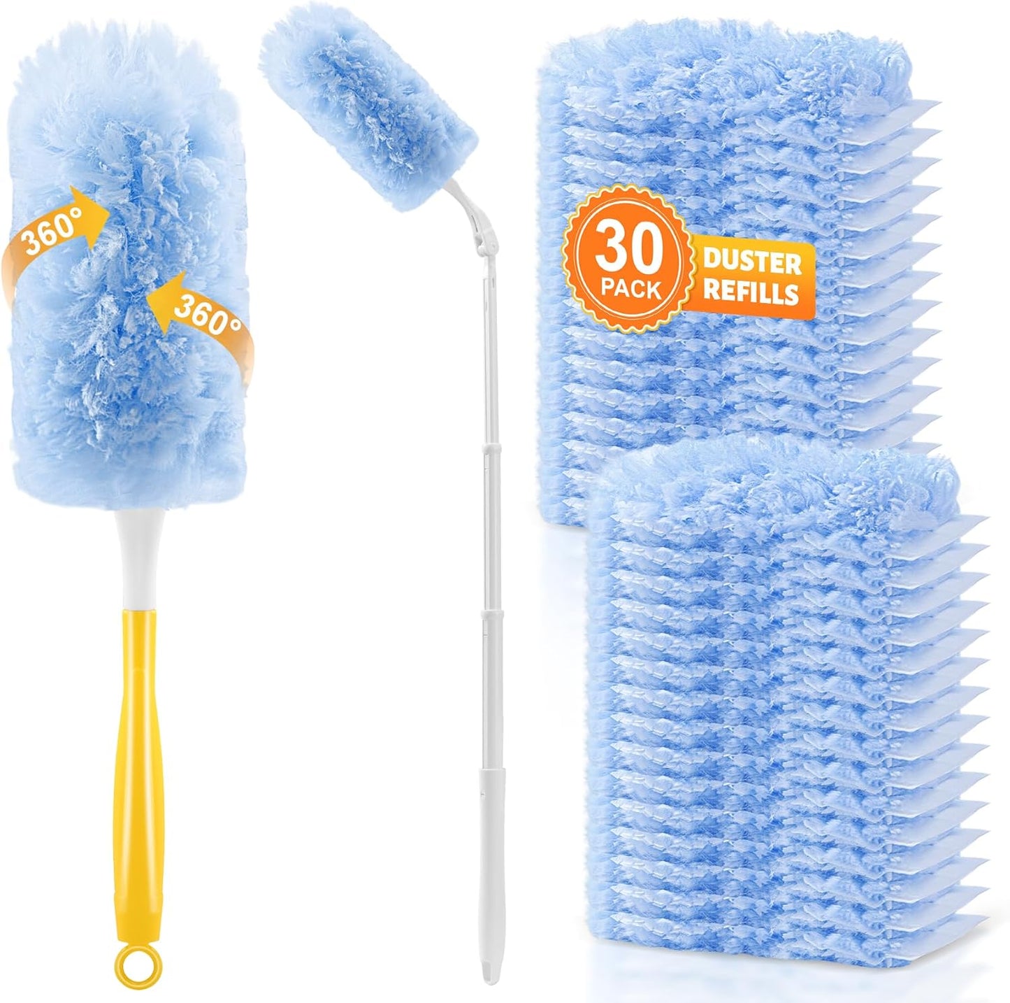 30-Pack Heavy Duty Duster Refills Compatible with Swiffer, 3FT Extendable Handle, 5X Multi-Surface Microfiber Duster for Home, Fans, Blinds, Vents & Car Cleaning