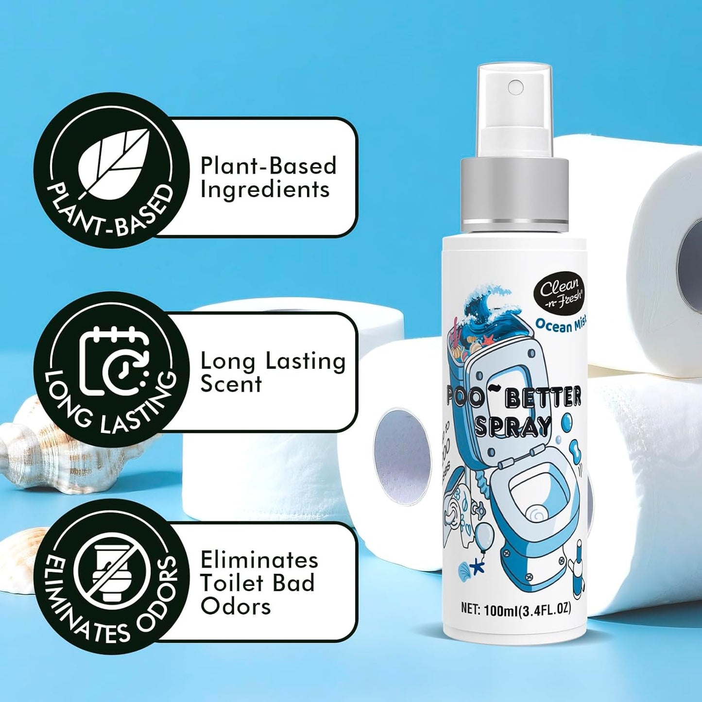 Clean-n-Fresh Toilet Spray, Wild Peony Scent, Bathroom Odor Eliminator & Air Freshener For Room, Trash Cans, Shoes, Fabrics, 3.4 Fl Oz(2 Pack)