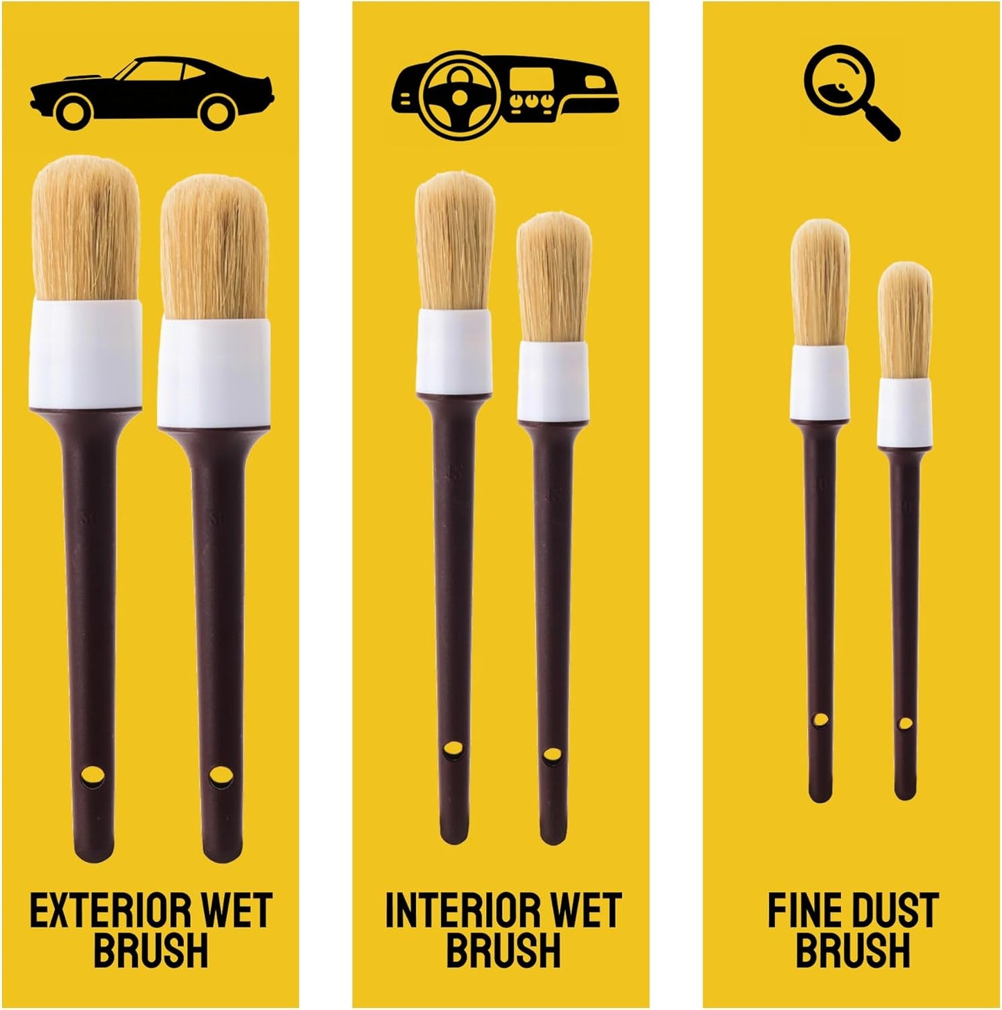 Detail Dudes Car Detailing Brush Set 3-pc - Scratch-Free Boars Hair for Interior and Exterior Work - Pro Quality Car Cleaning Brush Kit for Leather Seats, Dashboards, Wheels, Grills and Paint