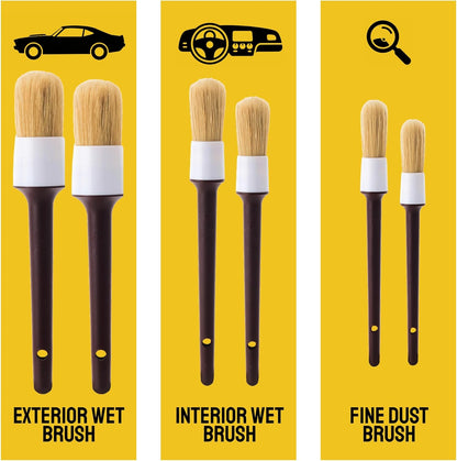 Detail Dudes Car Detailing Brush Set 3-pc - Scratch-Free Boars Hair for Interior and Exterior Work - Pro Quality Car Cleaning Brush Kit for Leather Seats, Dashboards, Wheels, Grills and Paint