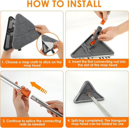 Baseboard Cleaner Tool with Handle,Folding Wall Mop with 79" Extension Pole, Swivel Wall Cleaner Mop with Squeegee, 8 Reusable Pads for Baseboard, Wall, Ceiling, Window, Floor, Furniture