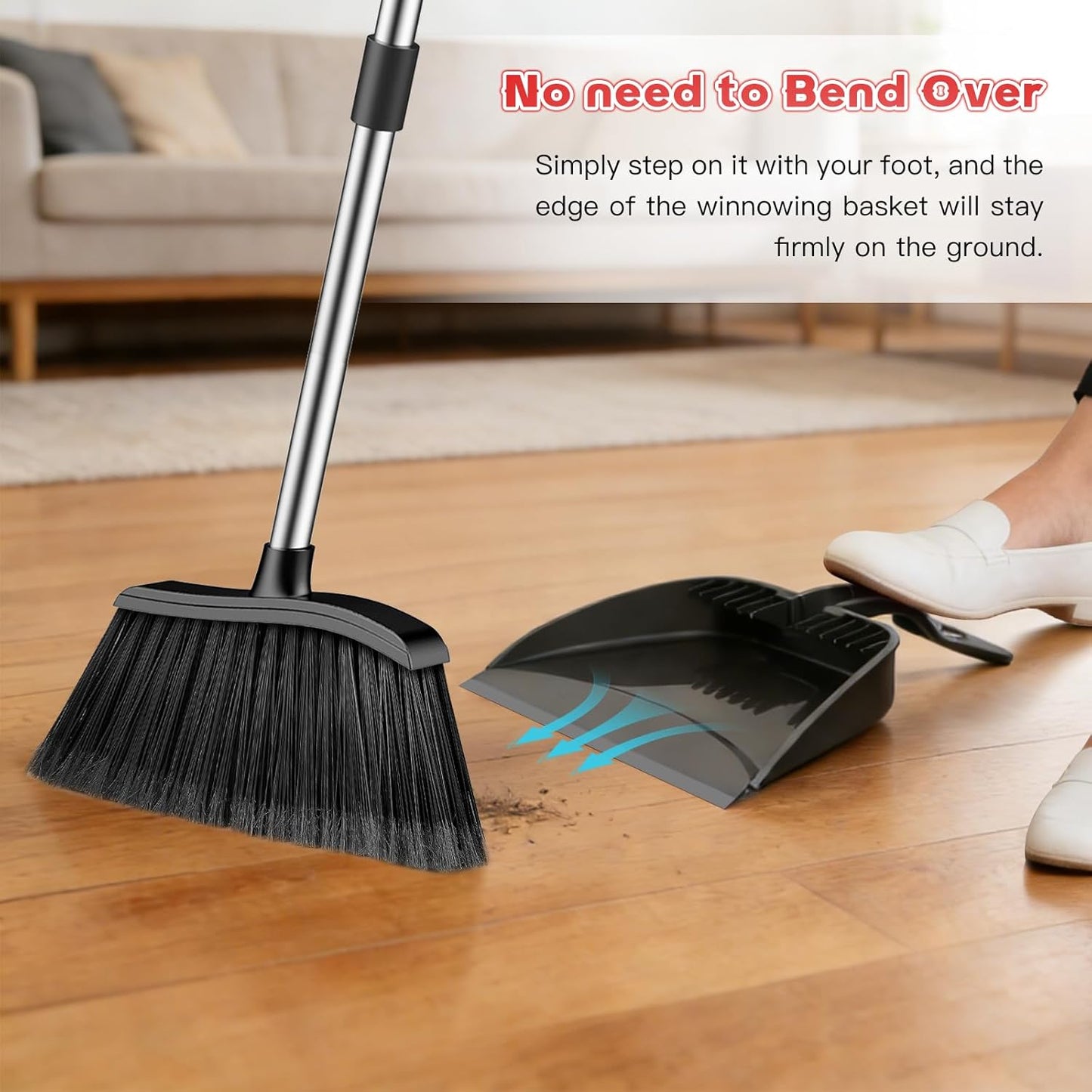 Broom and Step-on Dustpan Set, 59-in Adjustable Long Handle Broom with Dustpan Combo Set Outdoor Angle Broom for Sweeping Indoor Dust Pet Hair for Cleaning Kitchen Garage Deck Patio, Black&Red