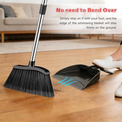 Broom and Step-on Dustpan Set, 59-in Adjustable Long Handle Broom with Dustpan Combo Set Outdoor Angle Broom for Sweeping Indoor Dust Pet Hair for Cleaning Kitchen Garage Deck Patio, Black&Red