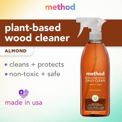 Method Daily Wood Cleaner, Almond, Cleans Shelves, Tables and Other Wooden Surfaces While Removing Dust & Grime, 28 oz Spray Bottles, (Pack of 1)