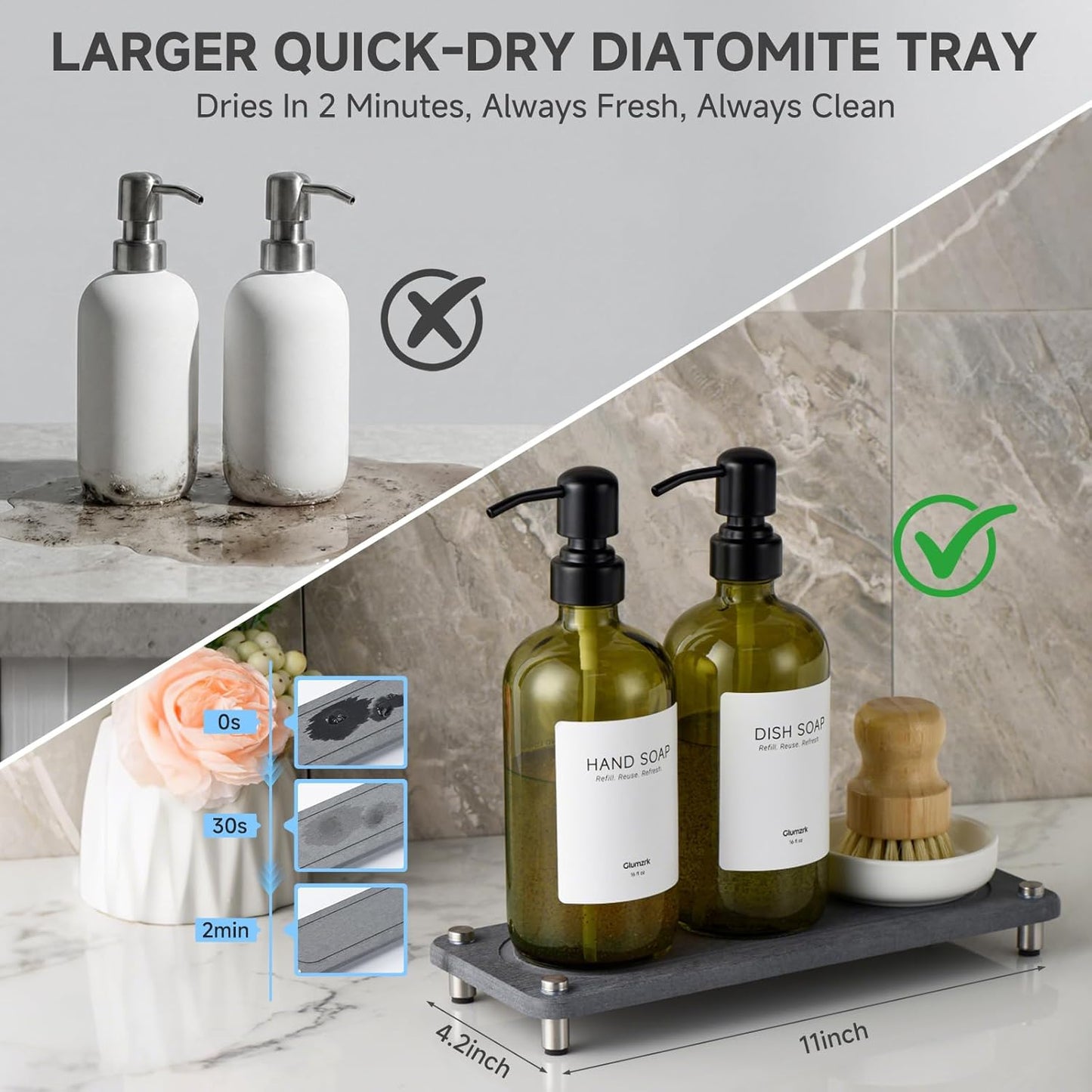2 Pack Kitchen Soap Dispenser Set - 16oz Amber Glass Dish and Hand Soap Dispenser with Stainless Steel Pump, Instant Dry Tray, Dish Brush & Holder, Refillable Countertop Sink Decor for Kitchen & Bath