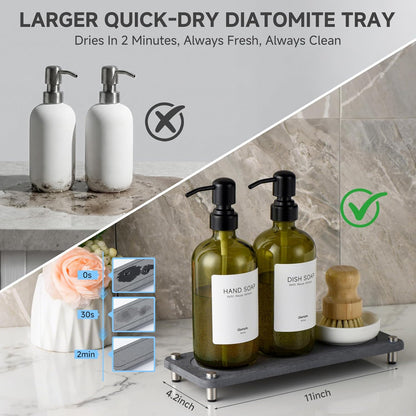 2 Pack Kitchen Soap Dispenser Set - 16oz Amber Glass Dish and Hand Soap Dispenser with Stainless Steel Pump, Instant Dry Tray, Dish Brush & Holder, Refillable Countertop Sink Decor for Kitchen & Bath