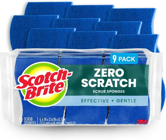 Scotch-Brite Zero Scratch Scrub Sponge, Non-Scratch Sponge, 12 Kitchen Sponges for Cleaning Around Home, Bathroom & More, Effective + Gentle Dish Scrubber, Best for Nonstick Pots and Pans
