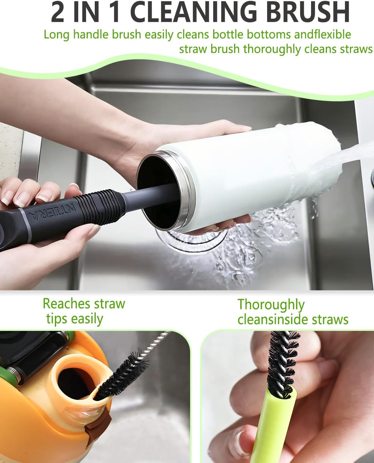 NTIERA 2-in-1 Bottle Brush Cleaner Kit Set,Long Water Bottle Cleaning Brushes,Hidden Straw Brush in Handle,BPA-Free Dishwasher-Safe,for Stanley & Owala Water Bottle,Baby Bottles Cup
