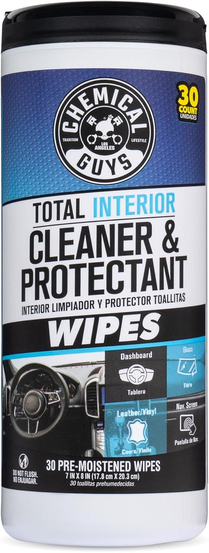 Chemical Guys Total Interior Cleaner & Protectant Wipes – 50 Pack Multi Surface Car Interior Cleaning Wipes for Dashboards, Doors and Seats – Safe for Trucks, SUVs, RVs and Home Use