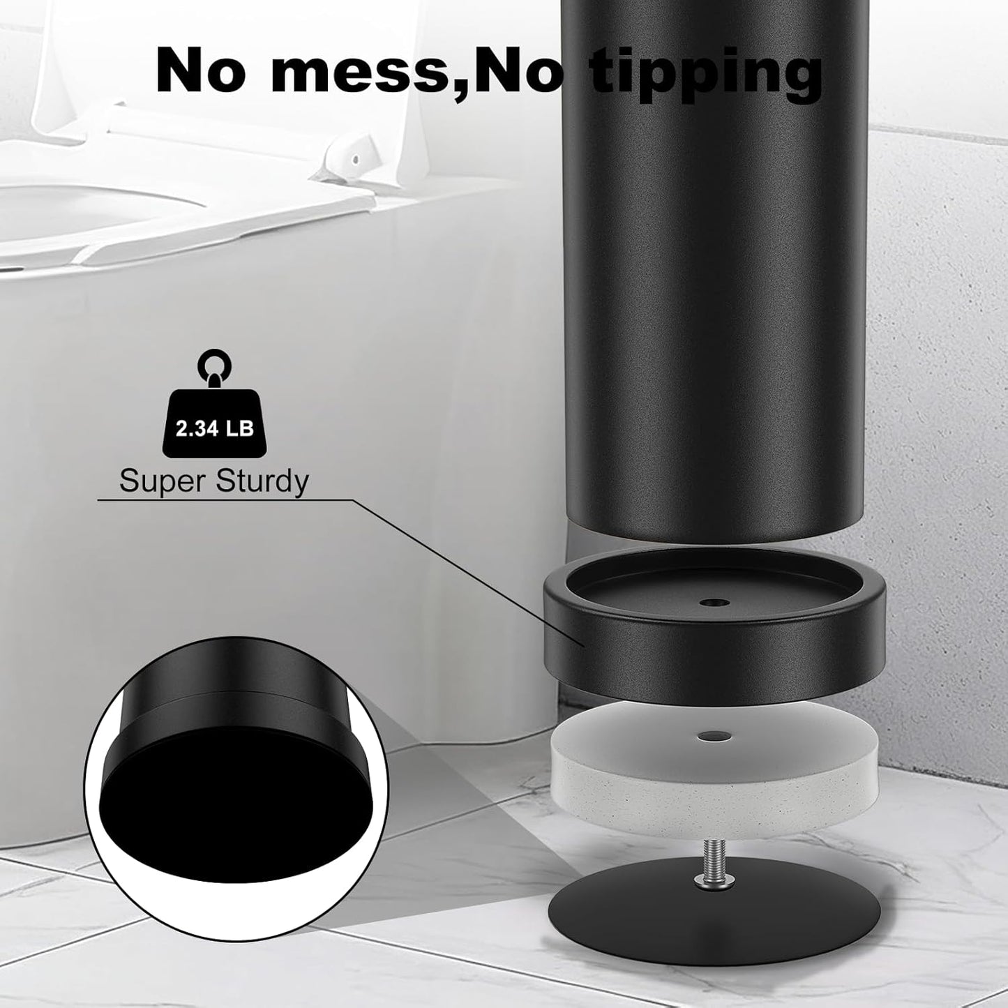 Black Toilet Brush and Holder Set，Stainless Steel Heavy Duty Toilet Bowl Brush，Extra Long Handled Modern Toilet Cleaner Brush with Replaceable Head, Removable Inner Bowl