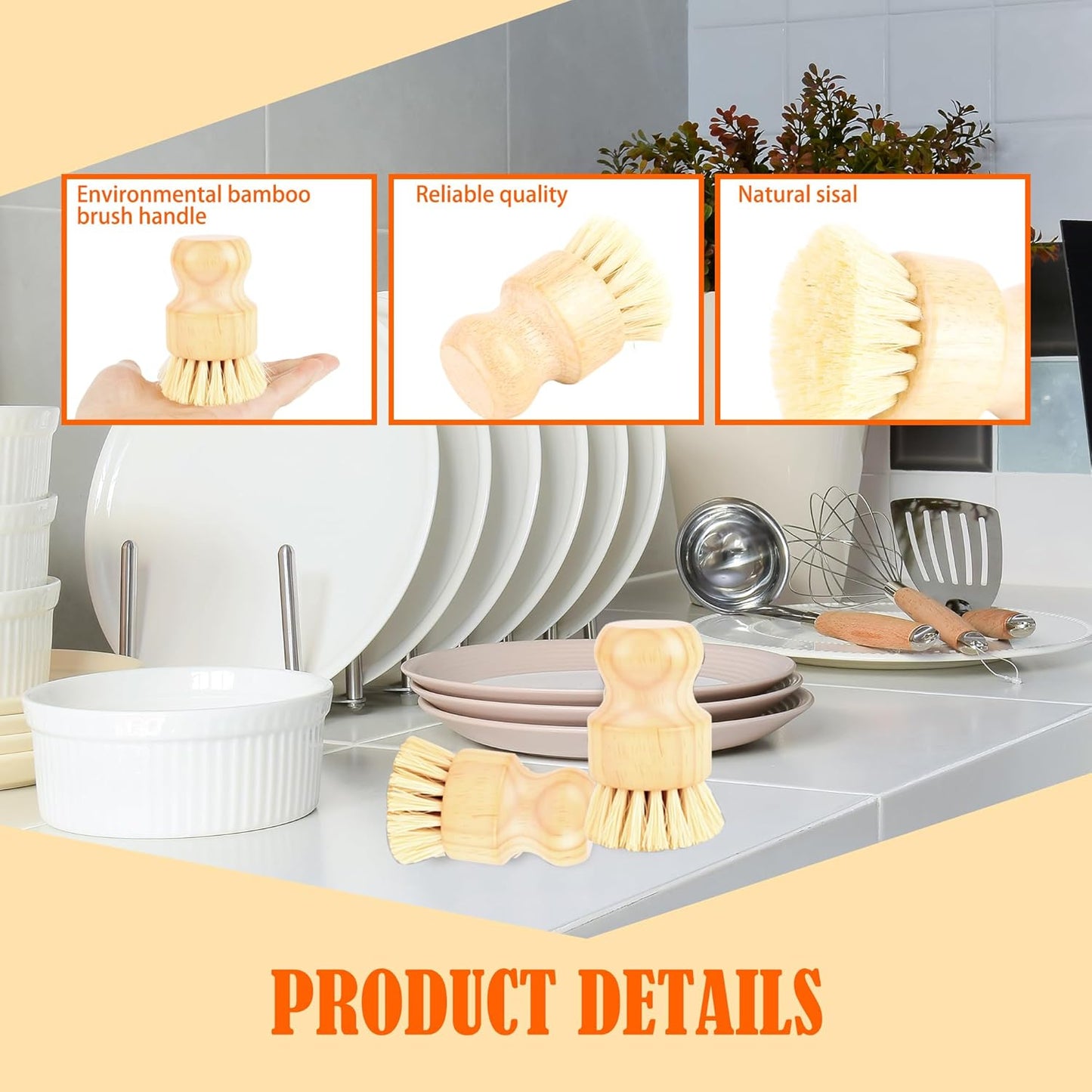 16 Pack Bamboo Dish Scrub Brushes Set Kitchen Pot Pans Cleaning Brushes Scrubber Sisal Bristles Wooden Brushes for Iron Pot Dishwashing Sink Vegetables