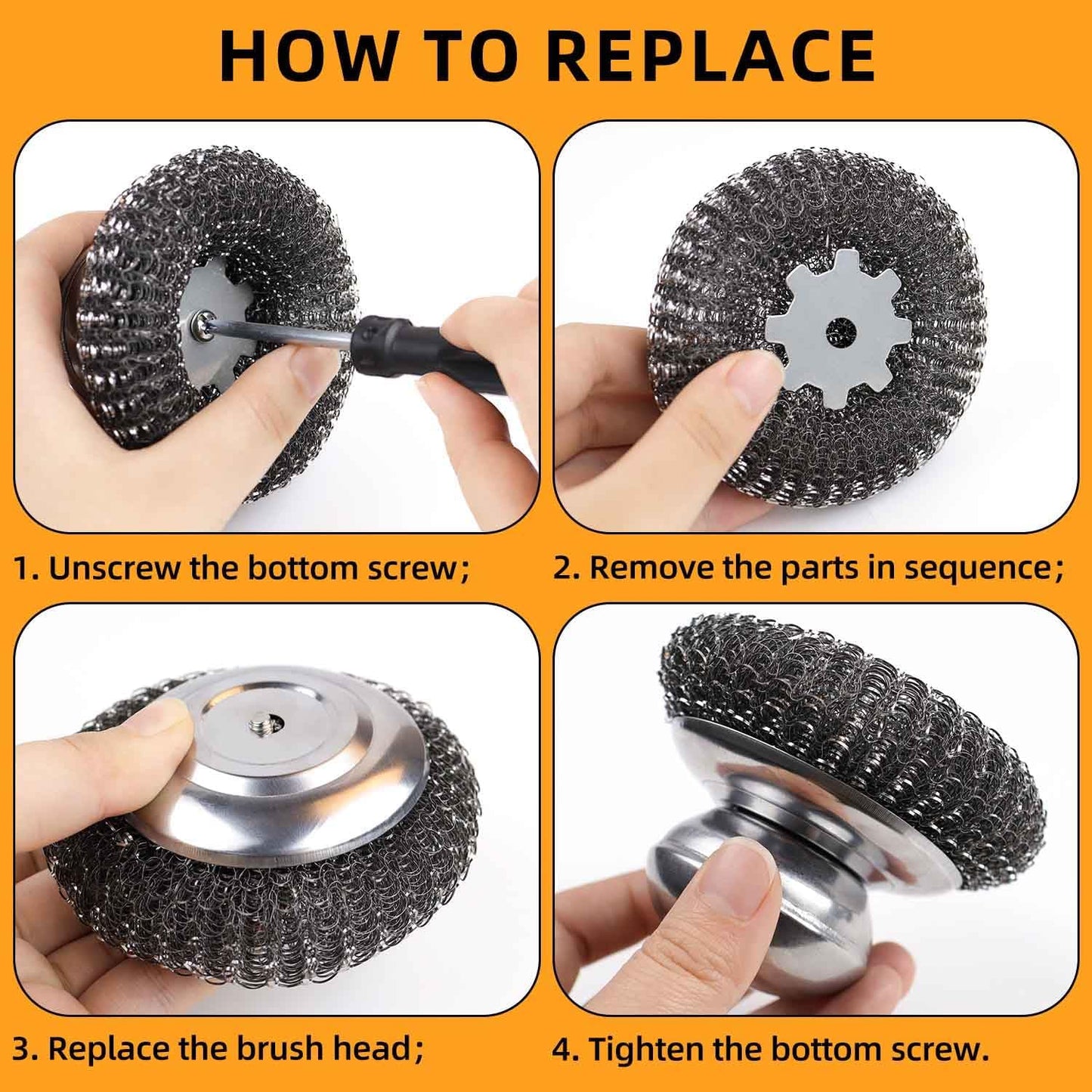 2 Pack Stainless Steel Wool Scrubber with Handle & 2 Pack Replacement Steel Scrubber Wool Pads for Cleaning Iron Pots Dishes Pans Metal Scrubbers for Kitchen Wash Sink Stoves Grills Pot Brush (Silver)