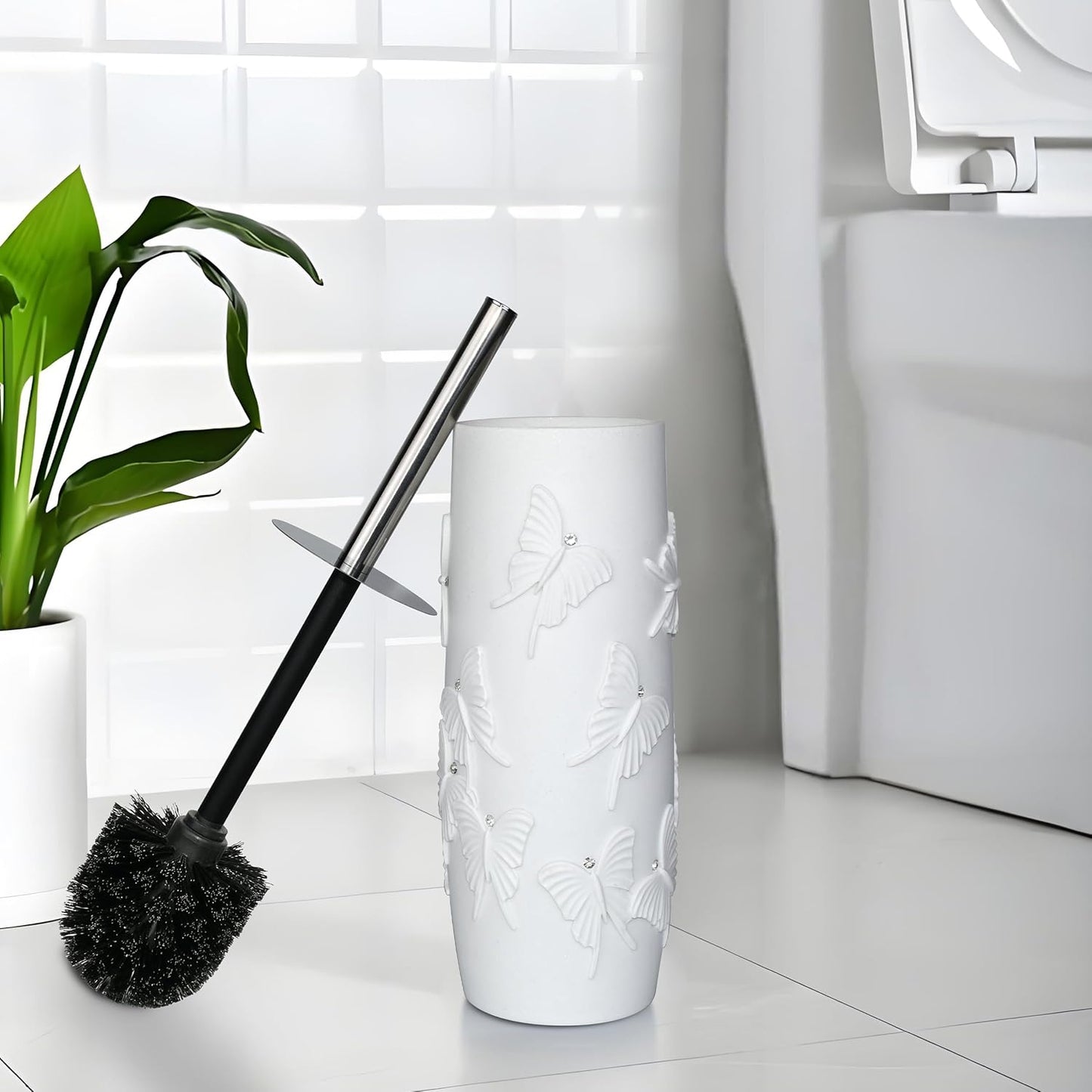 White Floral Branches Design Resin Toilet Bowl Brush and Holder Set, Elegant Bathroom Cleaning Tool with Durable Bristles, Compact and Functional