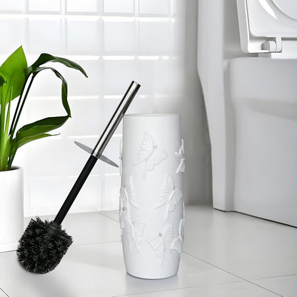 White Floral Branches Design Resin Toilet Bowl Brush and Holder Set, Elegant Bathroom Cleaning Tool with Durable Bristles, Compact and Functional