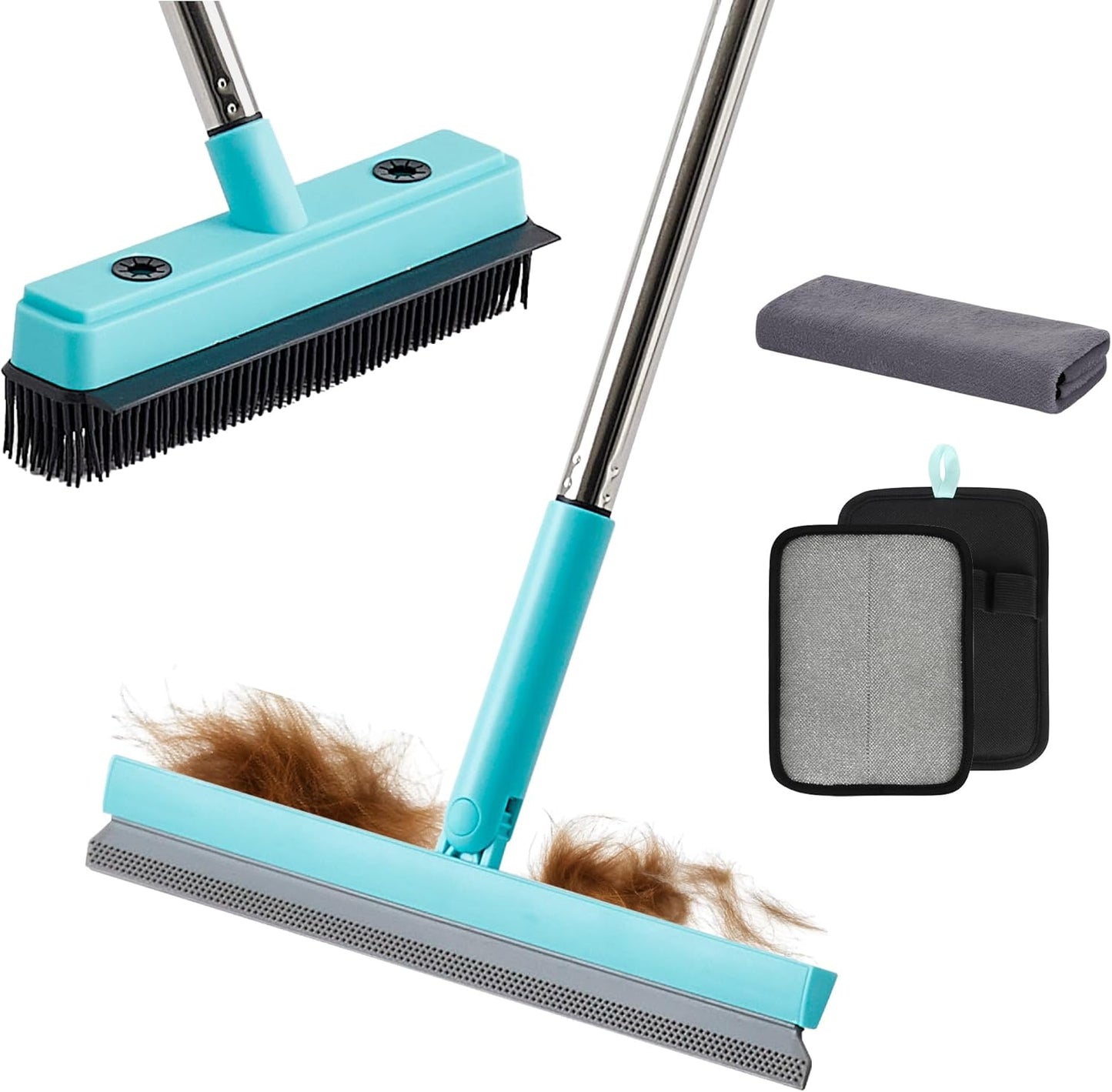 Rubber Broom Carpet Rake with Air Broom,Reusable Strong Grooming Gloves,Stainless Steel Handle, for Carpet Pet Hair Remover Hardwood Floor, Cleans Glass, Fine Dust, Hair, Liquid